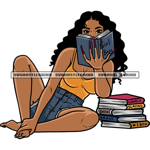 Gangster African American Girls Sitting Pose Curly Hairstyle And Hand Holding Book Design Element Hide Face On Book White Background SVG JPG PNG Vector Clipart Cricut Silhouette Cut Cutting