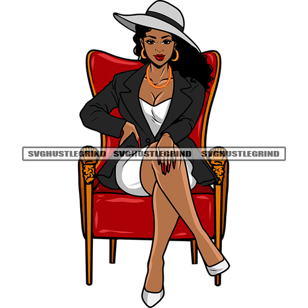 Beautiful African American Woman Sitting On Sofa Afro Girls Wearing Cowboy Hat Hoop Earing Curly Long Hairstyle Sexy Pose SVG JPG PNG Vector Clipart Cricut Silhouette Cut Cutting