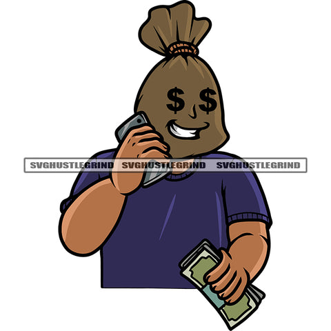 Funny Cartoon Character Hand Holding Money Note And Phone Smile Face Dollar Sign On Character Eyes Design Element White Background SVG JPG PNG Vector Clipart Cricut Silhouette Cut Cutting