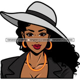 Beautiful African American Woman Face Design Element Wearing Hoop Earing And Cowboy Hat Curly Long Hairstyle SVG JPG PNG Vector Clipart Cricut Silhouette Cut Cutting