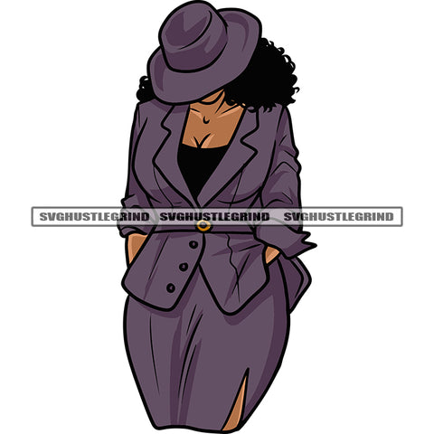 Afro Girls Hide Face On Hat African American Girls Standing And Curly Hair Style Design Element Wearing Coat SVG JPG PNG Vector Clipart Cricut Silhouette Cut Cutting