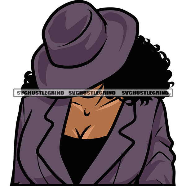Woman Hide Face On His Hat Curly Long Hairstyle Design Element Sexy Pose White Background SVG JPG PNG Vector Clipart Cricut Silhouette Cut Cutting