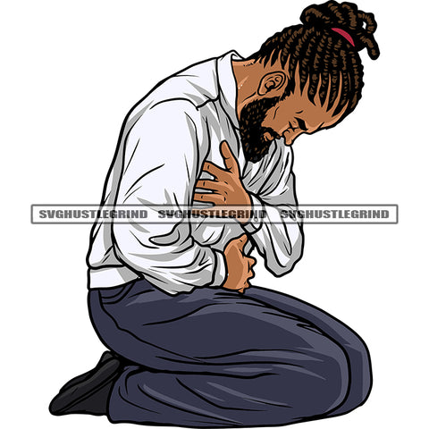 Sad Man Sitting Pose Hard Praying Hand African American Man Locus Hairstyle Design Element Afro Man Close Eyes White Background SVG JPG PNG Vector Clipart Cricut Silhouette Cut Cutting