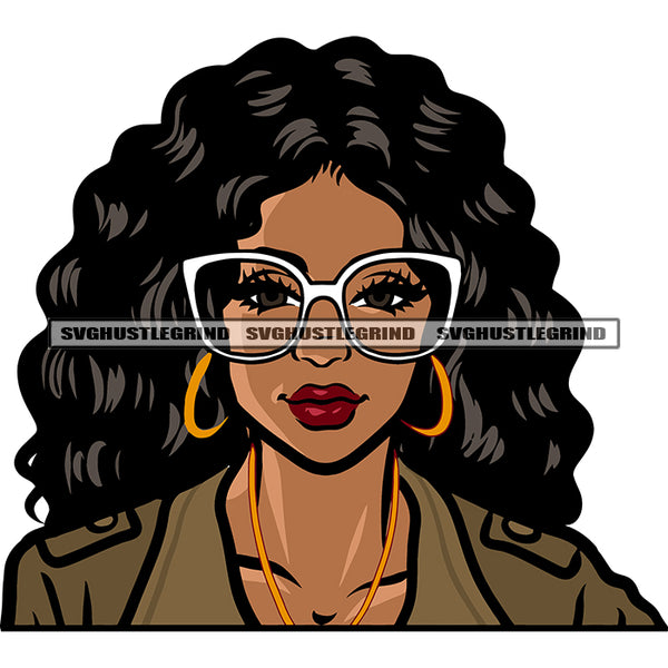 Smile Face African American Woman Wearing Sunglass And Hoop Earing Curly Hairstyle Design Element African American Beautiful Girls Face SVG JPG PNG Vector Clipart Cricut Silhouette Cut Cutting