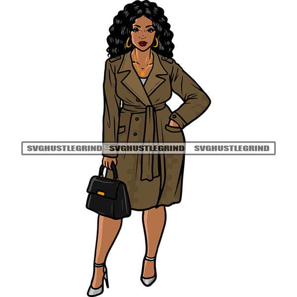 Beautiful African American Woman Standing And Holding Hand Bag Curly Hairstyle Design Element Smile Face White Background SVG JPG PNG Vector Clipart Cricut Silhouette Cut Cutting