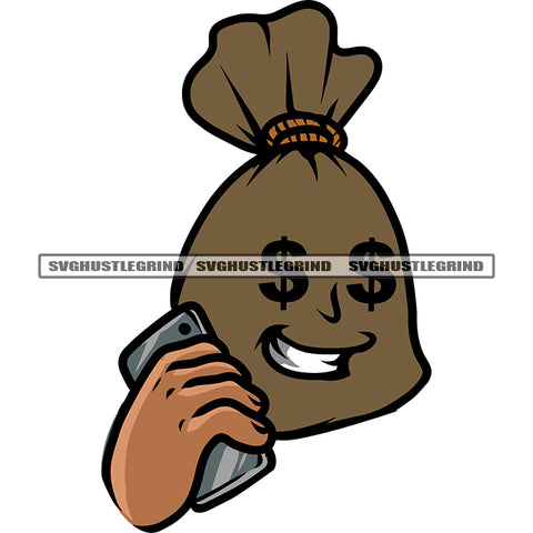 Smile Face Money Bag Funny Cartoon Hand Holding Phone Design Element White Background White Teeth SVG JPG PNG Vector Clipart Cricut Silhouette Cut Cutting
