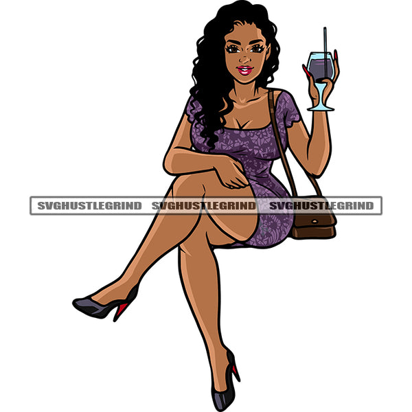 African American Woman Hand Holding Wine Glass Curly Hairstyle Smile Face Afro Girls Face Design Element White Background Wearing High Hill SVG JPG PNG Vector Clipart Cricut Silhouette Cut Cutting