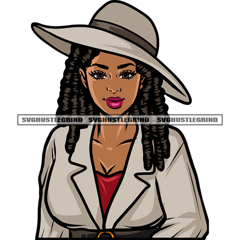 Smile Face African American Girls Wearing Cowboy Hat Locus Hairstyle Design Element Afro Girls Sexy Pose SVG JPG PNG Vector Clipart Cricut Silhouette Cut Cutting