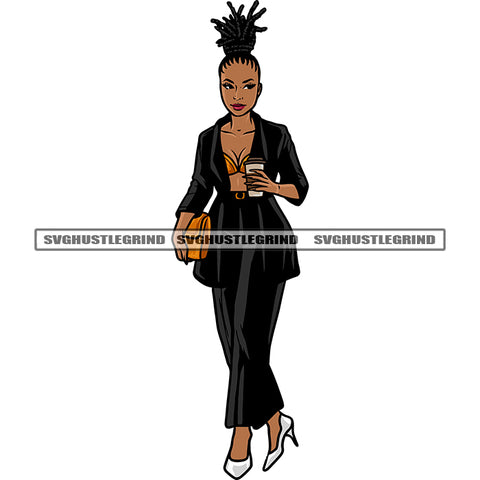 Sexy Afro Girls Standing And Hand Holding Coffee Glass African American Girls Locus Hairstyle Smile Face Design Element SVG JPG PNG Vector Clipart Cricut Silhouette Cut Cutting
