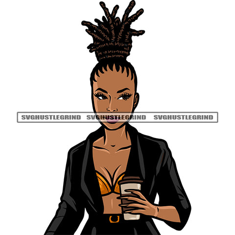 Beautiful Sexy Afro Girls Hand Holding Coffee Glass African American Girls Locus Hairstyle Smile Face Design Element SVG JPG PNG Vector Clipart Cricut Silhouette Cut Cutting