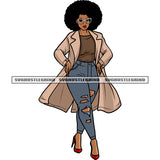 Smile Face African American Woman Standing Puffy Hairstyle Wearing Sunglass Design Element Long Cloth Vector SVG JPG PNG Clipart Cricut Silhouette Cut Cutting