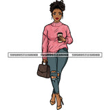 Slim Body African American Woman Hand Holding Coffee Mug And Bag Afro Locus Hairstyle Smile Face Design Element SVG JPG PNG Vector Clipart Cricut Silhouette Cut Cutting