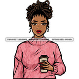 Smile Face Slim Body African American Woman Hand Holding Coffee Mug And Bag Afro Locus Hairstyle Smile Face Design Element SVG JPG PNG Vector Clipart Cricut Silhouette Cut Cutting
