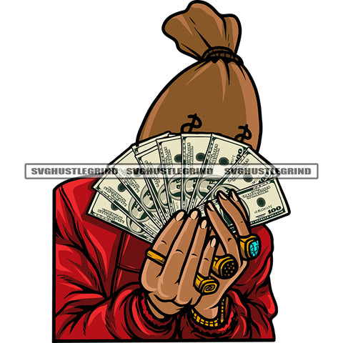 Money Cartoon Character Hand Holding Money Note And Hide Face Wearing Lot Of Fingering Design Element SVG JPG PNG Vector Clipart Cricut Silhouette Cut Cutting
