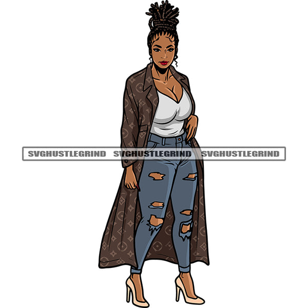 Plus Size African American Woman Standing Locus Hairstyle Design Element Smile Face White Background Afro Woman Wearing Long Cloths SVG JPG PNG Vector Clipart Cricut Silhouette Cut Cutting