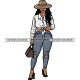 Gangster African American Woman Standing And Wearing Cowboy Hat Curly Long Hairstyle White Background Design Element SVG JPG PNG Vector Clipart Cricut Silhouette Cut Cutting