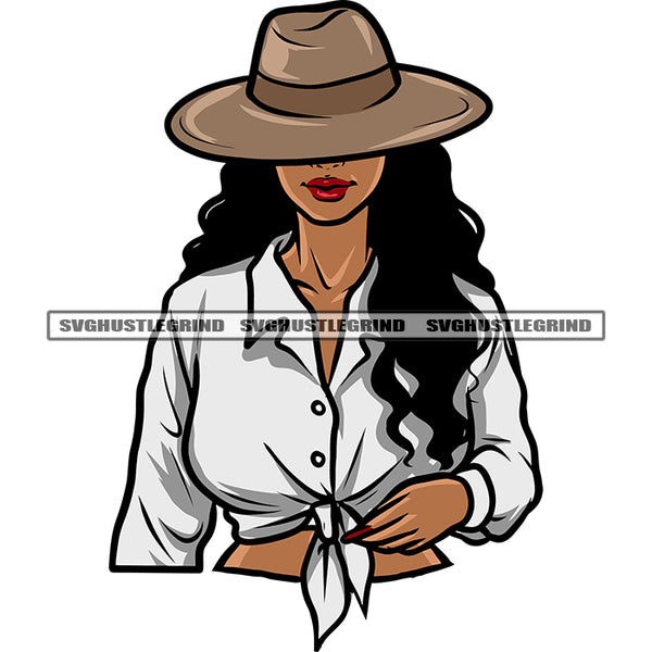 Beautiful African American Woman Hide Face On Cowboy Hat Curly Long Hairstyle Afro Girls Sexy Pose Red Lips Design Element SVG JPG PNG Vector Clipart Cricut Silhouette Cut Cutting