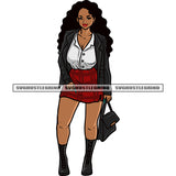 Black Beauty Afro Woman Wearing Sexy Dress Curly Long Hairstyle Hand Holding Bag Design Element White Background Smile Face SVG JPG PNG Vector Clipart Cricut Silhouette Cut Cutting