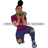 Gangster African American Woman Hand Holding Money Note And Sitting Pose Curly Hairstyle White Background Design Element SVG JPG PNG Vector Clipart Cricut Silhouette Cut Cutting
