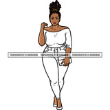 Locus Hairstyle Smile Face African American Woman Standing And Wearing White Color Dress Hand Holding Bag Design Element SVG JPG PNG Vector Clipart Cricut Silhouette Cut Cutting