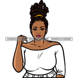 Locus Hairstyle Smile Face Plus Size African American Woman Half Body And Wearing White Color Dress Hand Holding Bag Design Element SVG JPG PNG Vector Clipart Cricut Silhouette Cut Cutting