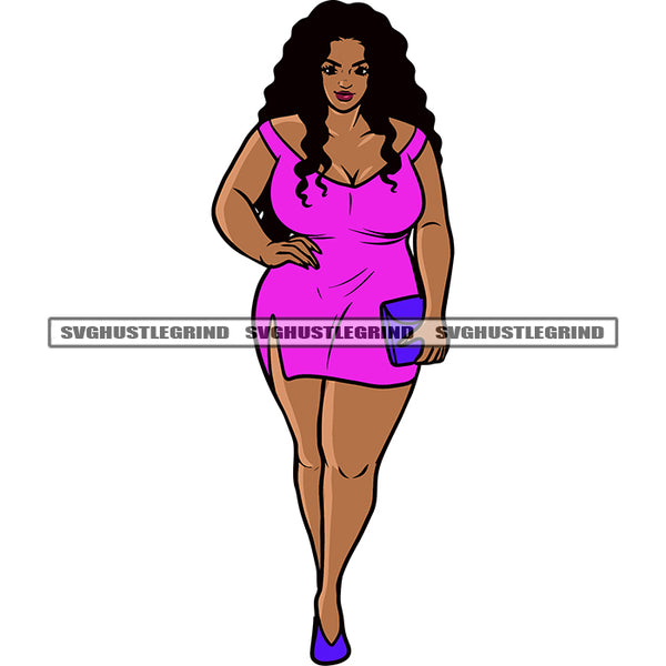 Plus Size African American Woman Standing Curly Long Hairstyle Design Element Smile Face Wearing Party Dress White Background SVG JPG PNG Vector Clipart Cricut Silhouette Cut Cutting