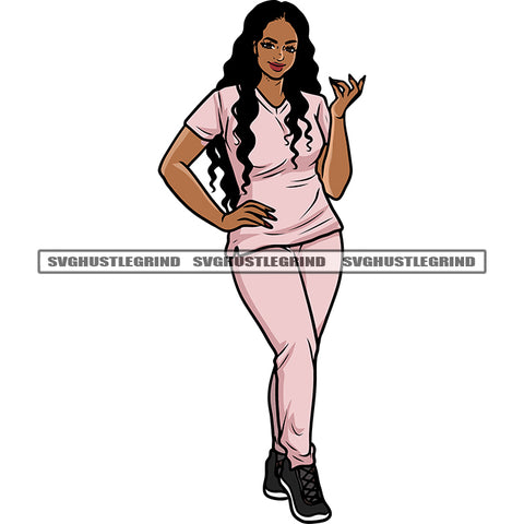Smile Face African American Medical Nurse Standing And Afro Curly Long Hairstyle Design Element White Background SVG JPG PNG Vector Clipart Cricut Silhouette Cut Cutting