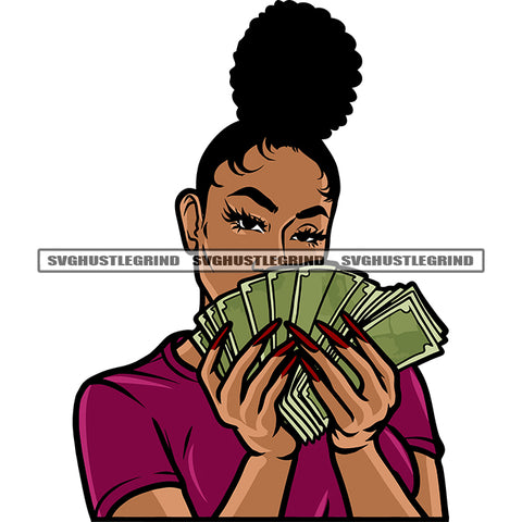 Gangster African American Woman Hand Holding Money Note Curly Hairstyle Beauty Black Beauty White Background Design Element SVG JPG PNG Vector Clipart Cricut Silhouette Cut Cutting