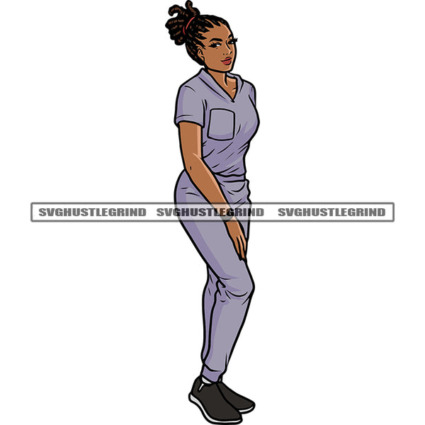 Locus Hairstyle Black Beauty African American Smile Face Woman Standing Smile Face Medical Nurses Smile Face Design Element SVG JPG PNG Vector Clipart Cricut Silhouette Cut Cutting