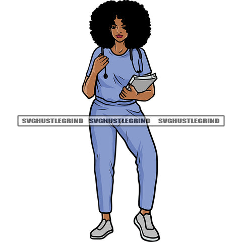 Black Beauty African American Smile Face Woman Standing Puffy Hairstyle Smile Face Medical Nurses Smile Face Design Element SVG JPG PNG Vector Clipart Cricut Silhouette Cut Cutting