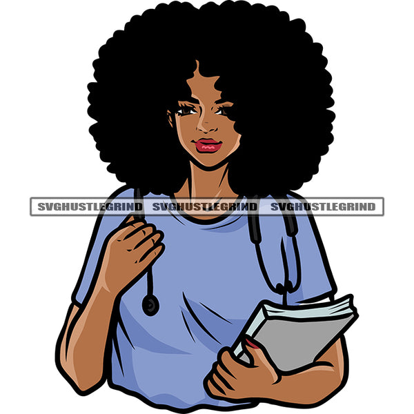 Puffy Hairstyle African American Woman Smile Face Medical Nurses Hand Holing Paper Design Element White Background SVG JPG PNG Vector Clipart Cricut Silhouette Cut Cutting