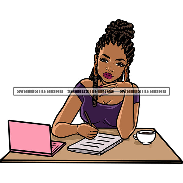 African American Business Woman Sitting Pose Smile Face Wearing Hoop Earing Design Element Laptop And Coffee Mug Paper On Table SVG JPG PNG Vector Clipart Cricut Silhouette Cut Cutting