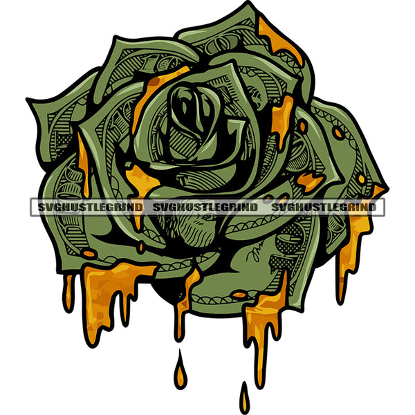 Money Note Makes Rose Flower Green Color Design Element Yellow Color Honey Dripping White Background SVG JPG PNG Vector Clipart Cricut Silhouette Cut Cutting