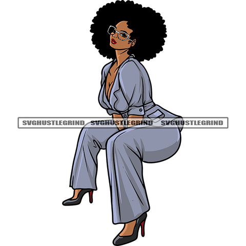 African American Woman Sitting Pose Afro Girls Wearing Sunglass Puffy Hairstyle Nurses Design Element White Background SVG JPG PNG Vector Clipart Cricut Silhouette Cut Cutting
