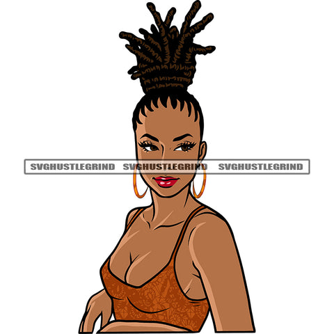 Sexy African American Woman Face Wearing Hoop Earing Locus Short Hairstyle Smile Face Design Element White Background SVG JPG PNG Vector Clipart Cricut Silhouette Cut Cutting