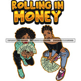 Rolling In Money Quote Gangster African American Woman Sitting Pose And Showing Money Note Smile Face Smile Face Afro Puffy Hairstyle SVG JPG PNG Vector Clipart Cricut Silhouette Cut Cutting