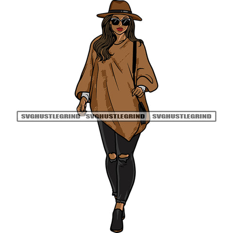 Beautiful African American Model Standing And Hand Holding Bag Wearing Sunglass Cow Boy Hat Design Element Curly Hairstyle White Background SVG JPG PNG Vector Clipart Cricut Silhouette Cut Cutting