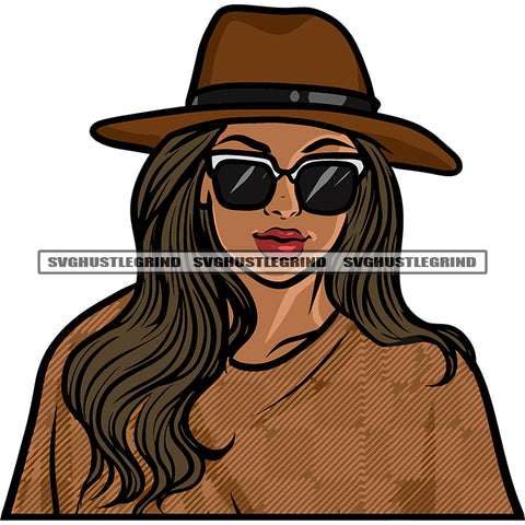Beautiful Black Beauty African American Woman Wearing Sunglass And Hat Design Element Curly Long Hairstyle White Background Smile Face SVG JPG PNG Vector Clipart Cricut Silhouette Cut Cutting