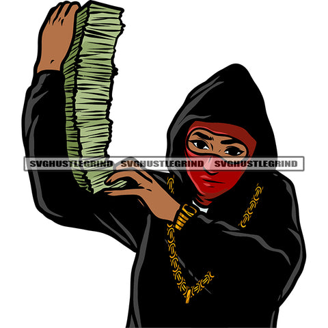 Gangster African American Woman Hand Holding Lot Of Money Bundle Design Element Wearing Golden Chain And Watch Ski Mask White Background SVG JPG PNG Vector Clipart Cricut Silhouette Cut Cutting