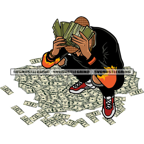 Gangster Afro Man Showing Money Bundle Lot Of Money Dripping On Floor Design Element African American Man Sitting On Floor SVG JPG PNG Vector Clipart Cricut Silhouette Cut Cutting