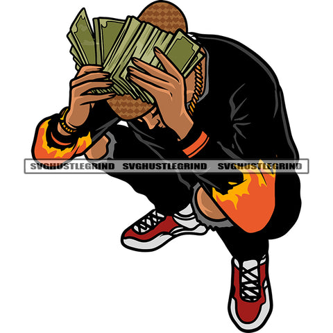 African American Gangster Man Hand Holding Money Note Afro Man Sitting Pose Design Element White Background SVG JPG PNG Vector Clipart Cricut Silhouette Cut Cutting