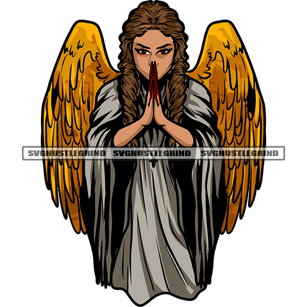 African American Angle Hard Praying Hand Angle Sitting Pose With Golden Wing Long Hairstyle Design Element SVG JPG PNG Vector Clipart Cricut Silhouette Cut Cutting