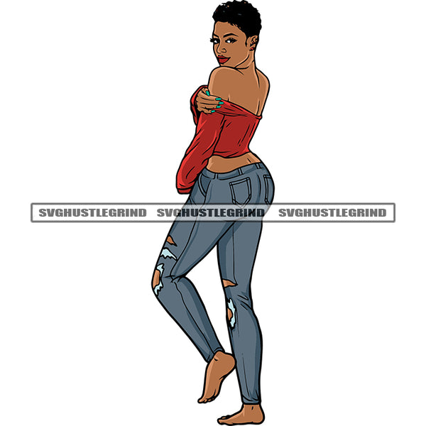 Gangster African American Woman Standing Sexy Pose Afro Short Hairstyle Design Element White Background Afro Girls Sexy Body SVG JPG PNG Vector Clipart Cricut Silhouette Cut Cutting