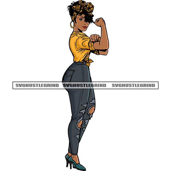 African American Woman Showing On His Machel Afro Girls Standing Short Hairstyle Wearing Hoop Earing Smile Face SVG JPG PNG Vector Clipart Cricut Silhouette Cut Cutting