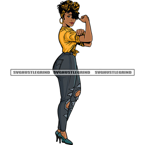 African American Woman Showing On His Machel Afro Girls Standing Short Hairstyle Wearing Hoop Earing Smile Face SVG JPG PNG Vector Clipart Cricut Silhouette Cut Cutting