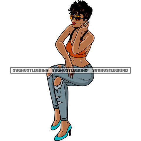 Sexy African American Woman Sitting Pose Afro Short Hairstyle Design Element Wearing Hoop Earing And Sunglass White Background SVG JPG PNG Vector Clipart Cricut Silhouette Cut Cutting