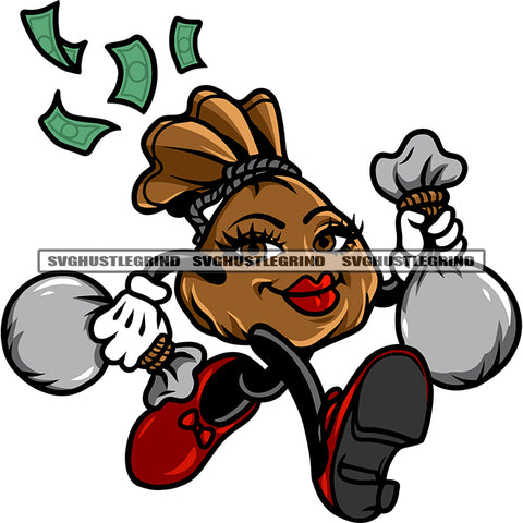 Woman Funny Money Bag Cartoon Character Holding Money Bag And Running Design Element Character Red Lip Money Flying SVG JPG PNG Vector Clipart Cricut Silhouette Cut Cutting