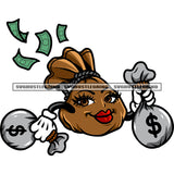 Smile Face Woman Funny Money Bag Cartoon Character Holding Money Bag And Running Design Element Character Red Lip Money Flying SVG JPG PNG Vector Clipart Cricut Silhouette Cut Cutting