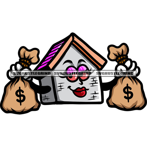 Woman House Cartoon Character Hand Holding Money Bag Smile Face Gangster African American House Character Design Element White Background SVG JPG PNG Vector Clipart Cricut Silhouette Cut Cutting