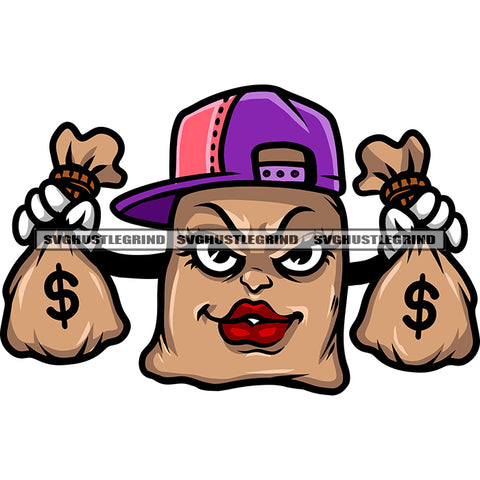 Gangster Woman Face House Cartoon Character Hand Holding Money Bag Wearing Cap Smile Face House Character Design Element White Background SVG JPG PNG Vector Clipart Cricut Silhouette Cut Cutting